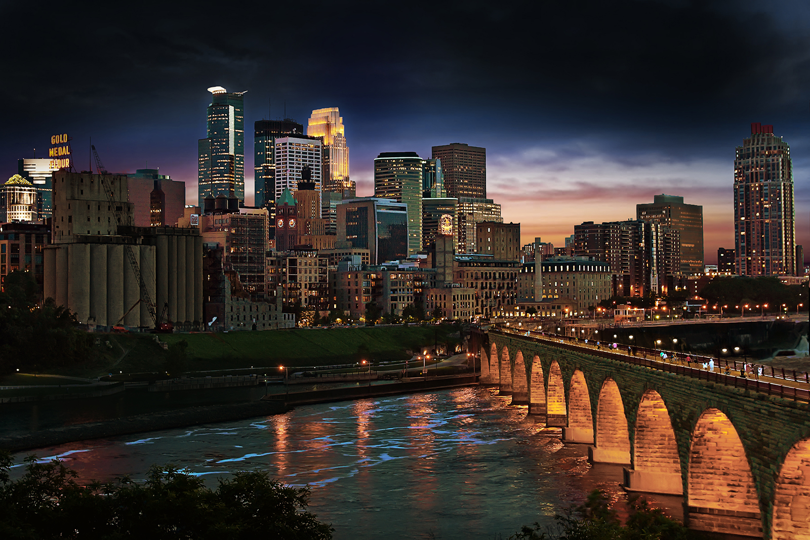 Downtown and Stone Arch Bridge at night
