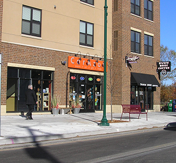 Small shops along sidewalk